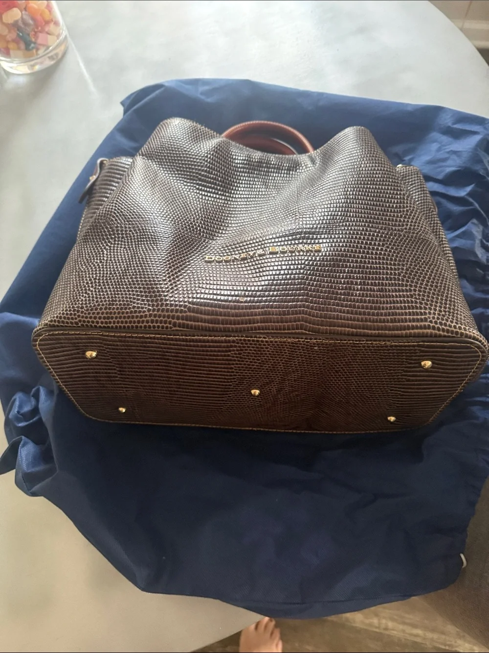 Dooney & Bourke Brown Lizard-Embossed Tote with Tan Handles